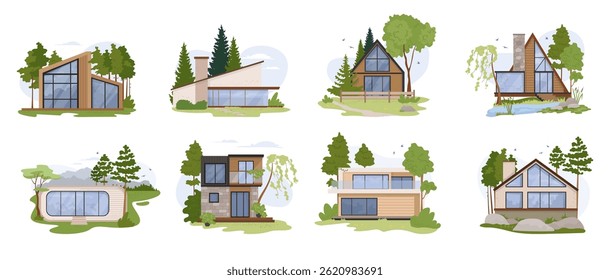 Vector set of modern glamping houses with panoramic windows, wooden facade and forest background. Wood triangle house for ecotourism. Stylish modular eco-home Comfortable outdoor recreation concept