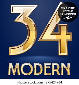 Conjunto de vectores de moderna letra glosa dorada. Números 3 4