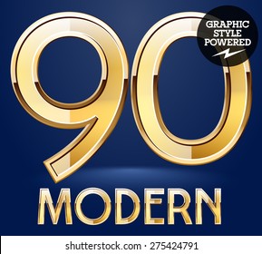 Vector set of modern golden glossy font. Numbers 9 0
