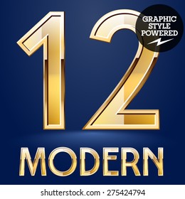 Vector set of modern golden glossy font. Numbers 1 2