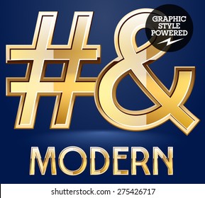 Vector set of modern golden glossy font. Symbols 3