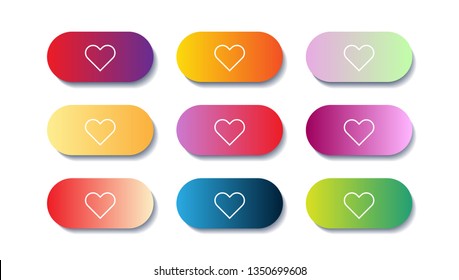 Vector set of modern gradient app or game buttons. User interface web buttonwith hearts.