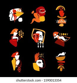 Vector set of modern hand-drawn abstract illustrations of human bodies and faces.