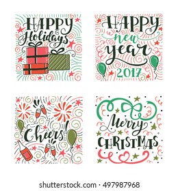 Vector set of modern handwritten lettering for holiday decorations with cute illustrations. Trendy New Year design. Hand drawn design elements for Christmas cards and invitations.