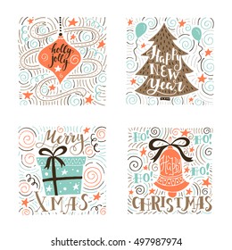 Vector set of modern handwritten lettering for holiday decorations with cute illustrations. Trendy New Year design. Hand drawn design elements for Christmas cards and invitations.