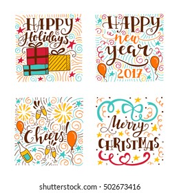 Vector set of modern handwritten lettering for holiday decorations with cute illustrations. Trendy New Year design. Handdrawn design elements for Christmas cards and invitations. 