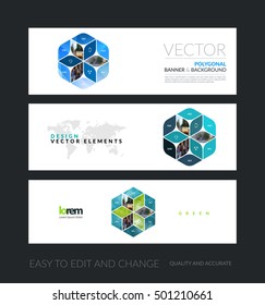 Vector set of modern horizontal website banners with blue abstract with rhombus, rectangle for business. Clean web headers design. Creative corporate flyer.