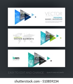 Vector set of modern horizontal website banners with flying triangles, arrows, polygons for engineering, business, consulting, internet, IT, computers, networks. Clean web headers design. 
