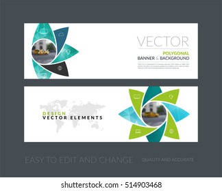 Vector set of modern horizontal website banners with geometric flower shapes, polygons, triangles for science, natural organic idea. Clean web headers design. 