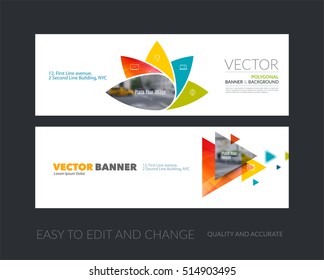 Vector set of modern horizontal website banners with geometric flower shapes, polygons, triangles for science, natural organic idea. Clean web headers design. 