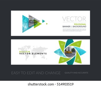 Vector set of modern horizontal website banners with geometric flower shapes, polygons, triangles for science, natural organic idea. Clean web headers design. 