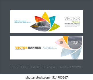 Vector set of modern horizontal website banners with colourful geometric flower shapes, polygons, triangles for science, natural organic idea. Clean web headers design. 