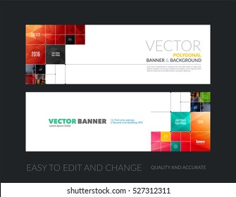 Vector set of modern horizontal website banners with colourful rectangular shapes, squares, lines, rounds for IT, business, building, network, communication.  Clean web headers design. 