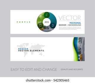 Vector set of modern horizontal website banners with circle round diagram for IT, business, technology, network, communication.  Clean web headers design with overlay effect. 