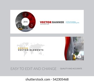 Vector set of modern horizontal website banners with red circle round diagram for IT, business, technology, network, communication.  Clean web headers design with overlay effect. 