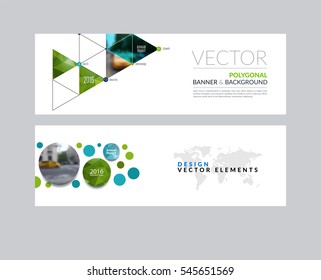 Vector set of modern horizontal website banners with rounds,  triangles, polygons for PR, business, tech, communication. Clean web headers design with overlay effect. 