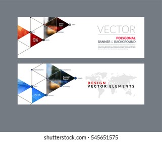 Vector set of modern horizontal website banners with circles, triangles, polygons for PR, business, tech, communication. Clean web headers design with overlay effect. 