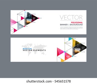 Vector set of modern horizontal website banners with circles, triangles, polygons for PR, business, tech, communication. Clean web headers design with overlay effect. 