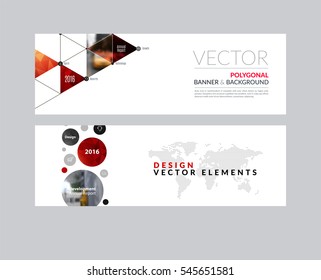 Vector set of modern horizontal website banners with rounds,  triangles, polygons for PR, business, tech, communication. Clean web headers design with overlay effect. 