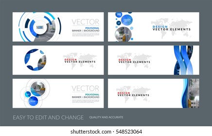 Vector set of modern horizontal website banners with blue soft shapes, rounds, sphere for PR, beauty, tech, communication. Clean web headers design with overlay effect. 