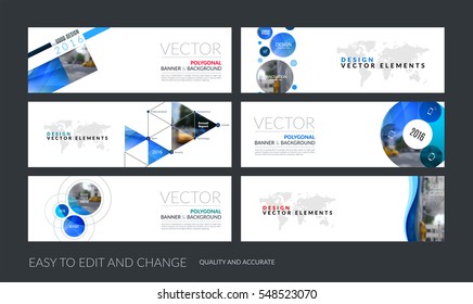 Vector set of modern horizontal website banners with blue soft shapes, rounds, sphere for PR, beauty, tech, communication. Clean web headers design with overlay effect. 