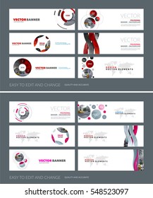 Vector set of modern horizontal website banners with red soft shapes, rounds, sphere for PR, beauty, tech, communication. Clean web headers design with overlay effect. 