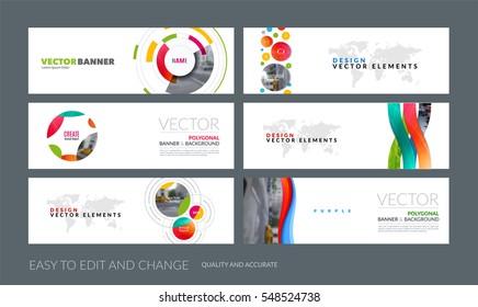Vector set of modern horizontal website banners with colourful soft shapes, rounds, sphere for PR, beauty, tech, communication. Clean web headers design with overlay effect. 