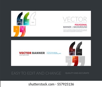 Vector set of modern horizontal website banners with red quotes, commas for industry, beauty, tech, communication. Clean web headers design with overlay effect. 