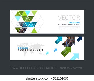 Vector Set Of Modern Horizontal Website Banners With Green Diagonal Triangles For Industry, Beauty, Tech, Communication. Clean Web Headers Design With Overlay Effect. 