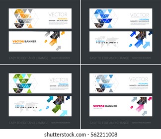 Vector set of modern horizontal website banners with colourful diagonal triangles for industry, beauty, tech, communication. Clean web headers design with overlay effect. 