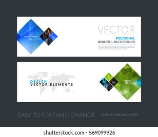 Vector set of modern horizontal website banners with blue rectangles, geometric shapes for industry, beauty, tech, communication. Clean web headers design with overlay effect. 