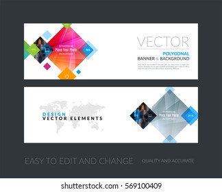 Vector set of modern horizontal website banners with colourful rectangles, geometric shapes for industry, beauty, tech, communication. Clean web headers design with overlay effect. 