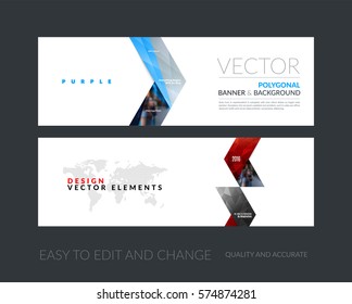 Vector set of modern horizontal website banners with red arrows, triangles for industry, beauty, tech, communication. Clean web headers design with overlay effect. 