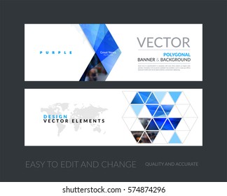 Vector set of modern horizontal website banners with blue arrows, triangles for industry, beauty, tech, communication. Clean web headers design with overlay effect. 