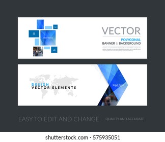 Vector set of modern horizontal website banners with blue squares, rectangles for industry, beauty, tech, communication. Clean web headers design with overlay effect. 