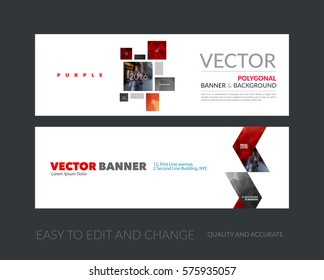 Vector set of modern horizontal website banners with red squares, rectangles for industry, beauty, tech, communication. Clean web headers design with overlay effect. 