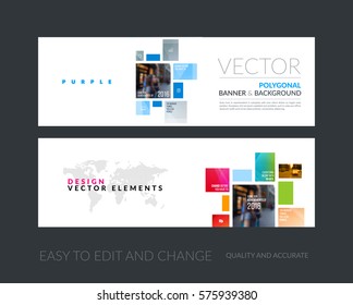 Vector set of modern horizontal website banners with colourful squares, rectangles for industry, beauty, tech, communication. Clean web headers design with overlay effect. 