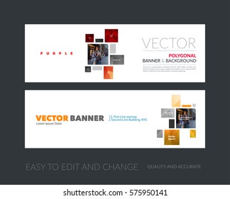 Vector set of modern horizontal website banners with colourful squares, rectangles for industry, beauty, tech, communication. Clean web headers design with overlay effect. 
