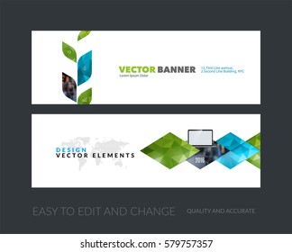 Vector set of modern horizontal website banners with green abstract plant, triangles for business, industry, eco, communication. Clean web headers design with overlay effect. 