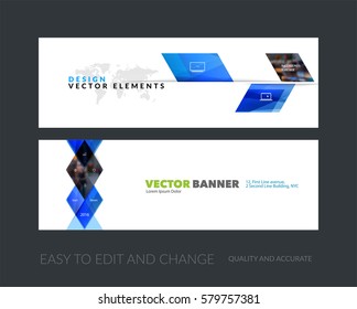 Vector set of modern horizontal website banners with blue abstract plant, triangles for business, industry, eco, communication. Clean web headers design with overlay effect. 