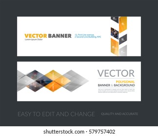 Vector set of modern horizontal website banners with yellow abstract plant, triangles for business, industry, eco, communication. Clean web headers design with overlay effect. 