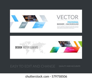 Vector set of modern horizontal website banners with colourful abstract plant, triangles for business, industry, eco, communication. Clean web headers design with overlay effect. 