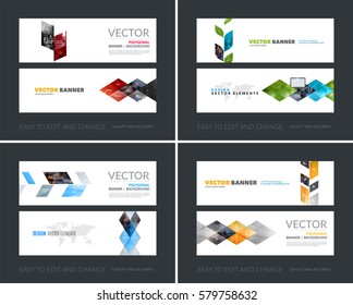 Vector set of modern horizontal website banners with colourful abstract plant, triangles for business, industry, eco, communication. Clean web headers design with overlay effect.