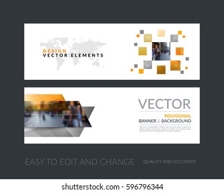 Vector set of modern horizontal website banners with many yellow rectangles, squares for industry, beauty, tech, communication. Clean web headers design with overlay effect. 