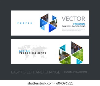 Vector set of modern horizontal website banners with colourful hexagonal, triangular shapes for industry, beauty, tech, communication. Clean web headers design with overlay effect. 