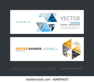 Vector set of modern horizontal website banners with colourful hexagonal, triangular shapes for industry, beauty, tech, communication. Clean web headers design with overlay effect. 