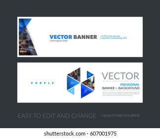 Vector set of modern horizontal website banners with blue diagonal, triangular shapes for industry, beauty, tech, communication. Clean web headers design with overlay effect. 