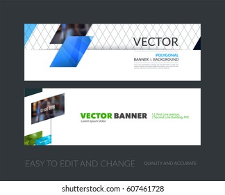 Vector set of modern horizontal website banners with blue diagonal, rectangular shapes for industry, beauty, tech, communication. Clean web headers design with overlay effect. 