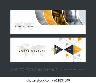 Vector set of modern horizontal website banners with yellow geometric shapes for industry, beauty, tech, communication. Clean web headers design with overlay effect. 
