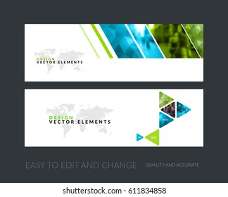 Vector set of modern horizontal website banners with green geometric shapes for industry, beauty, tech, communication. Clean web headers design with overlay effect. 
